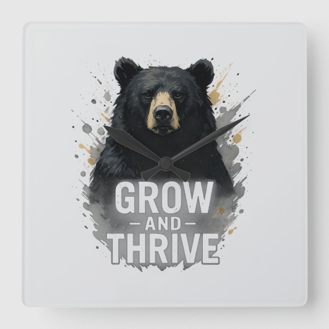 Majestic Growth Black Bear Art Quadratische Wanduhr (Vorderseite)