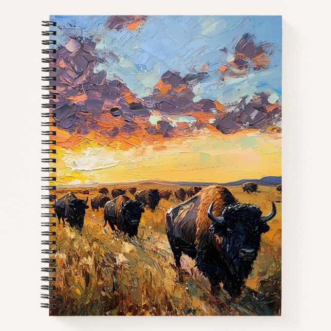 Majestic Herde: Buffalo unter einem Sonnenuntergan Notizbuch (Vorderseite)