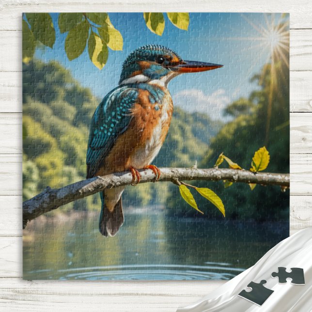 Majestic Kingfisher, Wilder Vogel am Fluss in der  Puzzle (A jigsaw puzzle with picture of a majestic kingfisher sitting on a branch by the river)