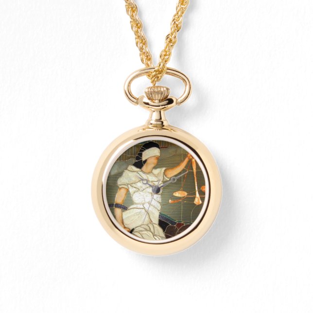 Majestic Lady Justice Portrait in verkettetem Glas Armbanduhr (Vorderseite)