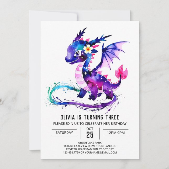 Majestic Lila Dragon Digital Girl zum Geburtstag Einladung (Vorderseite)