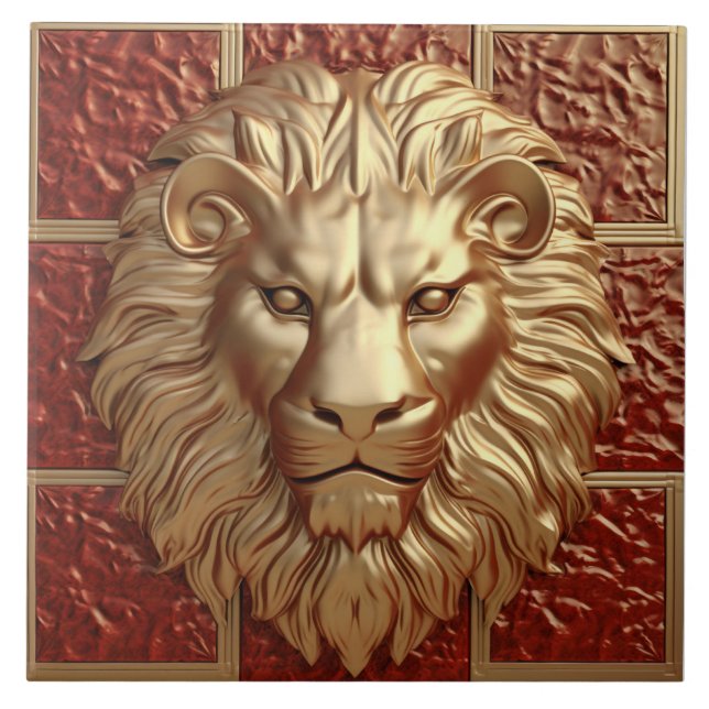 Majestic Lion Head mit Golden Border Keramik Tile Fliese (Vorderseite)