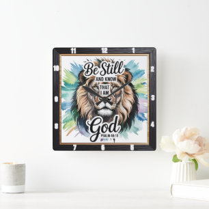 Majestic Lion Inspirational Faith Psalm 46:10 Quadratische Wanduhr
