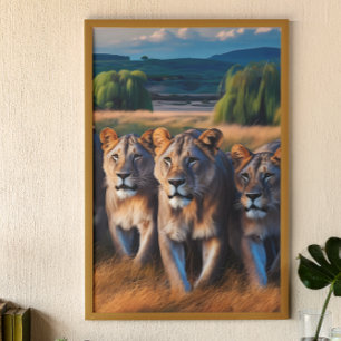 Majestic Lions, die durch ein begrüntes Feld wande Poster