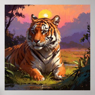 Majestic Lying Tiger in Sunset Poster