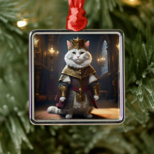 "Majestic Monarch: The Regal White Cat in Robes" Ornament Aus Metall
