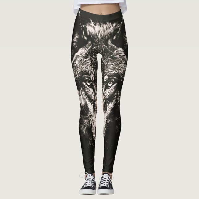 Majestic Monochrome Wild Wolf Leggings (Vorderseite)