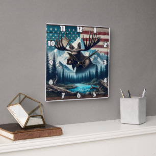 Majestic Moose Against Mountains and American Flag Quadratische Wanduhr