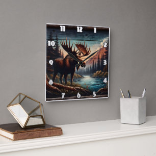 Majestic Moose by ruhige Gebirgskette Quadratische Wanduhr