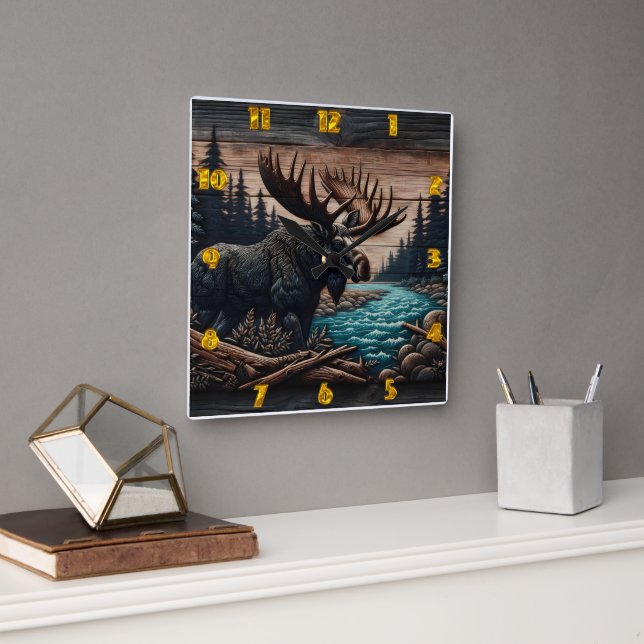 Majestic Moose by Serene Forest River Quadratische Wanduhr (Büro)
