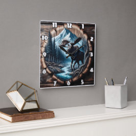 Majestic Moose by Stream in Bergwelt Landschaft Quadratische Wanduhr
