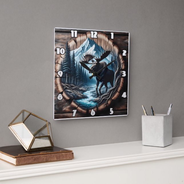 Majestic Moose by Stream in Bergwelt Landschaft Quadratische Wanduhr (Büro)