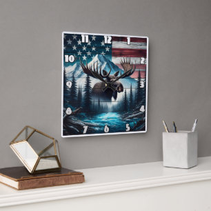 Majestic Moose mit Blick auf die amerikanische Lan Quadratische Wanduhr