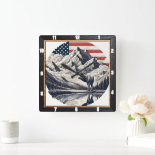Majestic Moose Mountain Patriotic Quadratische Wanduhr