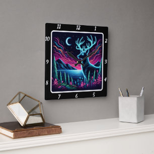 Majestic Neon Deer Antlers Horizon Quadratische Wanduhr