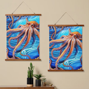 Majestic Octopus Blue Ocean Wave Expressionismus Wandteppich Mit Holzrahmen