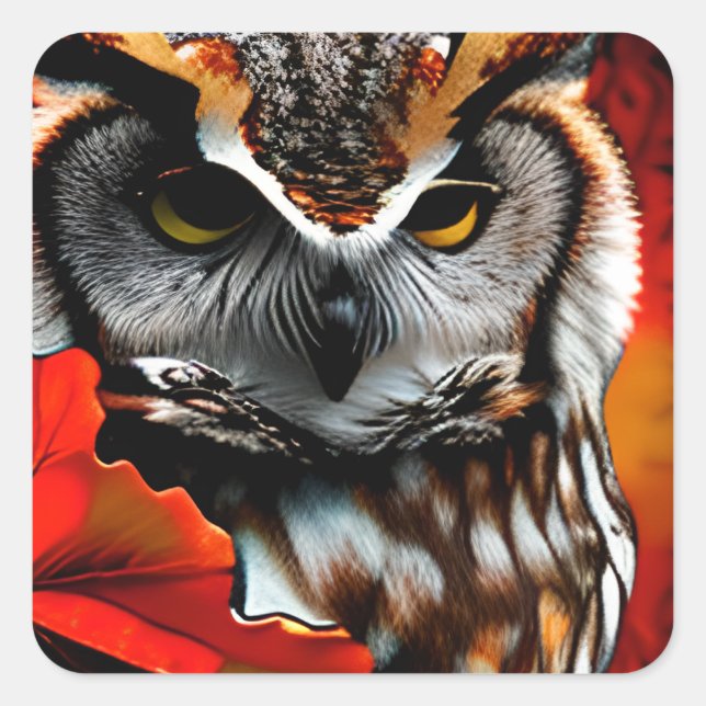Majestic Owl mit rotem Leaf Kunst Quadratischer Aufkleber (Vorderseite)