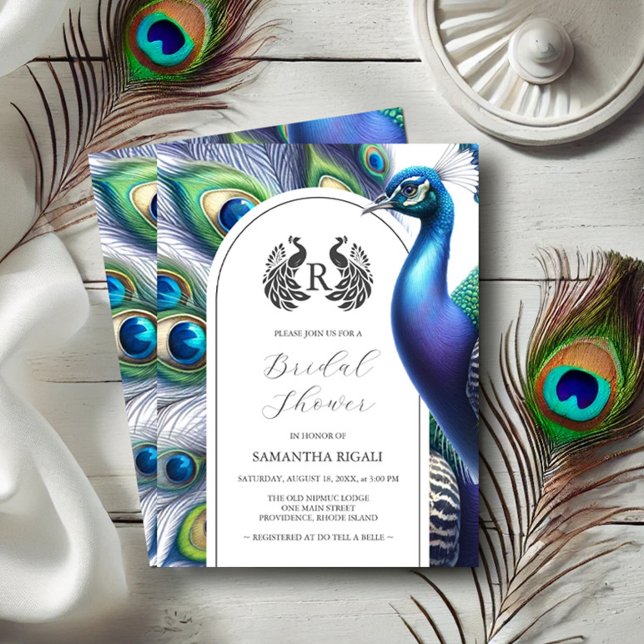Majestic Peacock Bridal Dusche Einladungen (Bridal shower invitations watercolor peacock and monogram Do Tell A Belle)