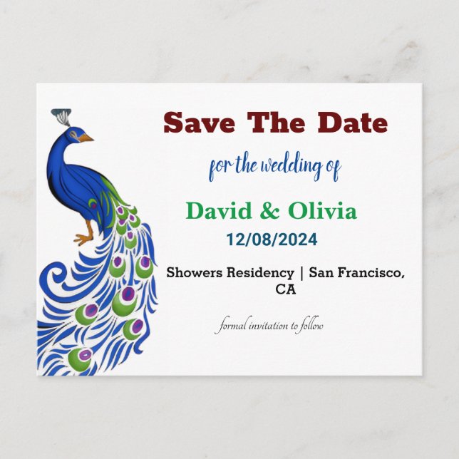 Majestic Peacock Wedding Save The Date Postcard Postkarte (Vorderseite)