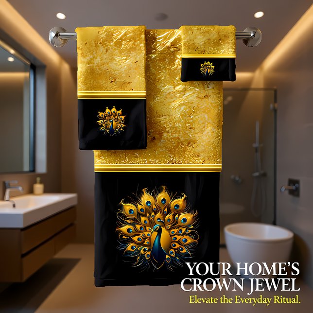 Majestic Peacock zeigen Blau und Gold Badhandtuch Set (Von Creator hochgeladen)