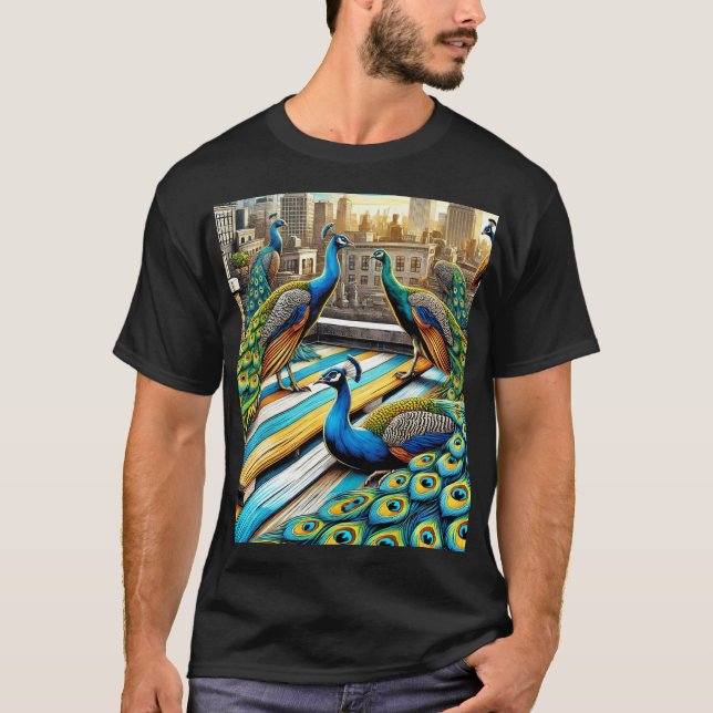 Majestic Peacocks Rooftop Ansammlung T-Shirt (Vorderseite)