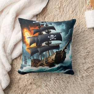 Majestic Pirate Ship Battling Stormy Seas at Dawn Kissen