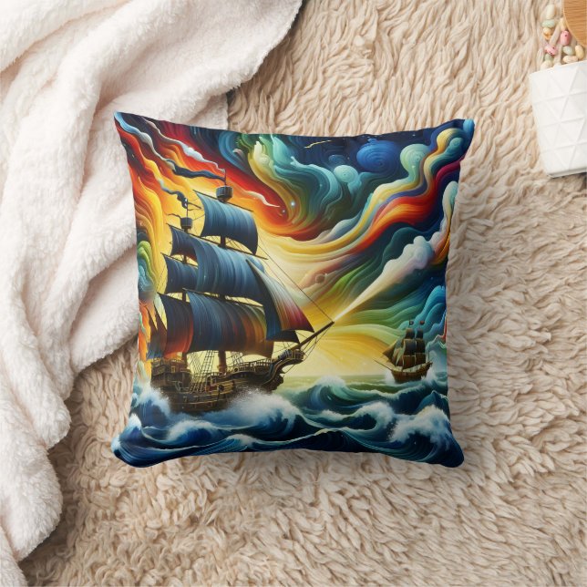 Majestic Pirate Ship durch farbenfrohe Meere Kissen (Decke)