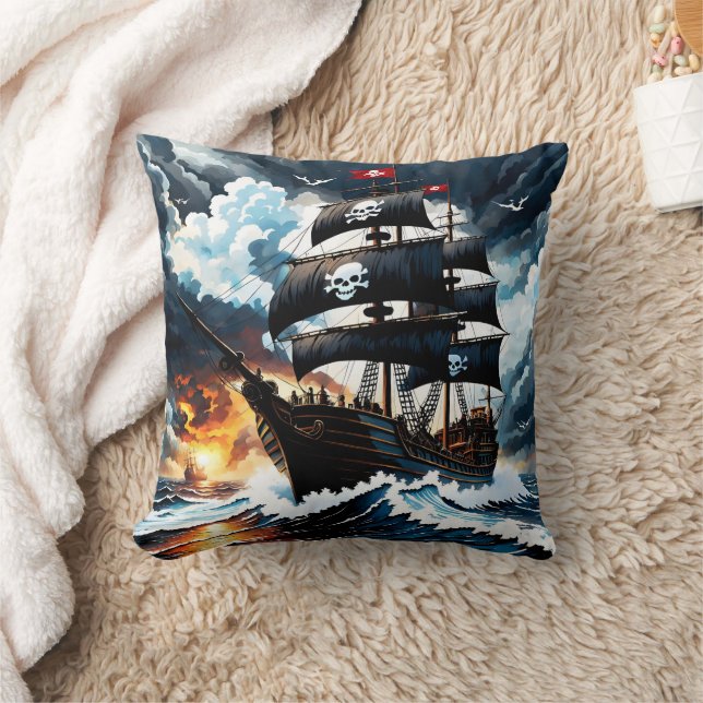 Majestic Pirate Ship durch Sturmy Seas Kissen (Decke)