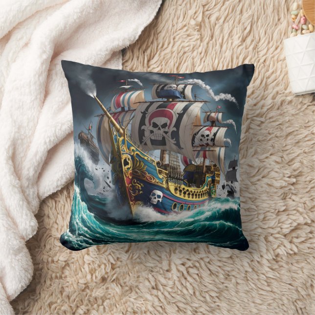 Majestic Pirate Ship durch Sturmy Seas Kissen (Decke)
