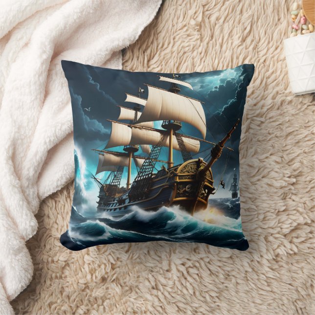Majestic Pirate Ship durch Sturmy Seas Kissen (Decke)