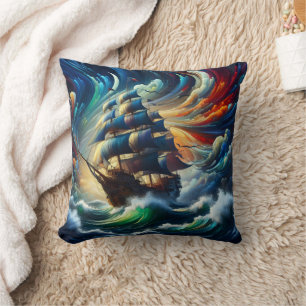 Majestic Pirate Ship Navigating Stormy Seas Kissen