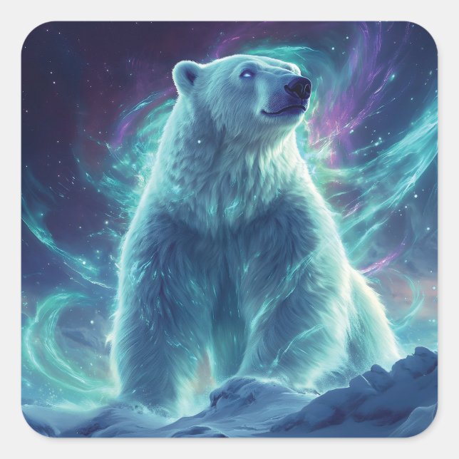 Majestic Polar Bear Design mit Northern Lights Quadratischer Aufkleber (Vorderseite)