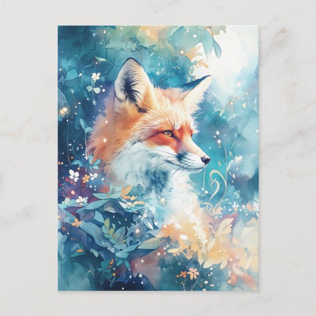 Majestic Red Fox in Teal Botanical Meadow Postkarte (Vorderseite)