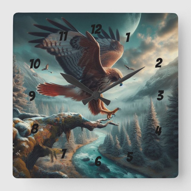 Majestic Red-Tail Hawk Soaring Quadratische Wanduhr (Vorderseite)