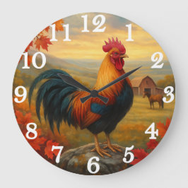 Majestic rooster in rustic countryside große wanduhr