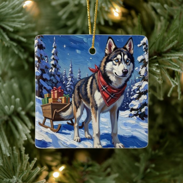 Majestic Siberian Husky Pulling Christmas Sled Keramikornament (Baum)