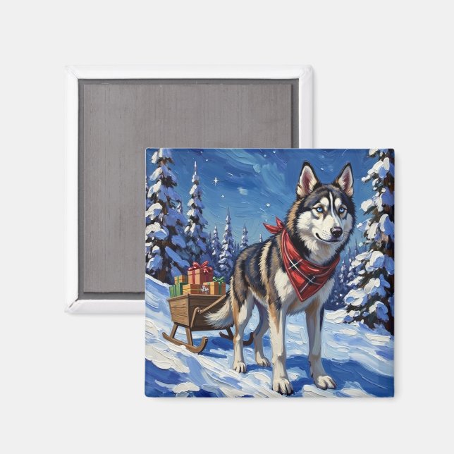 Majestic Siberian Husky Pulling Christmas Sled Magnet (Vorderseite/Rückseite)