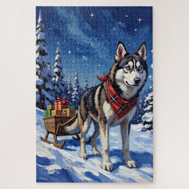 Majestic Siberian Husky Pulling Christmas Sled Puzzle (Vertikal)