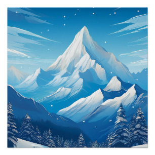 Majestic Snow Capped Mountain - Starry Winter Sky Poster