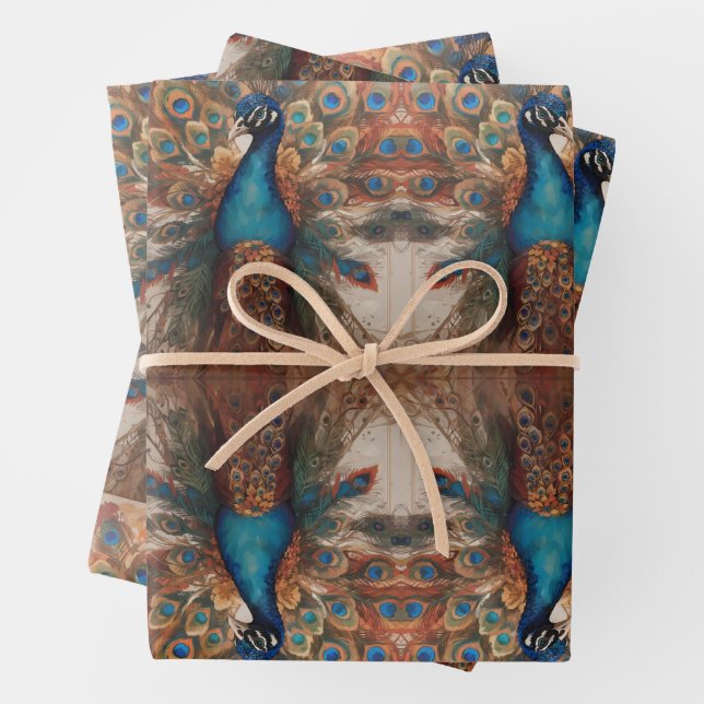 Majestic Splendor: Das Pfauenwackelpapier Boho Geschenkpapier Set (Beispiel)