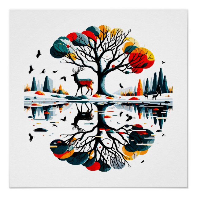 Majestic Stag in Snowy Winter Forest Poster (Vorderseite)