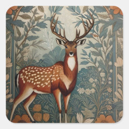 Majestic Stag William Morris Inspirierte floral Quadratischer Aufkleber