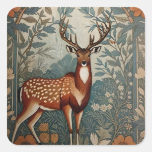 Majestic Stag William Morris Inspirierte floral Quadratischer Aufkleber