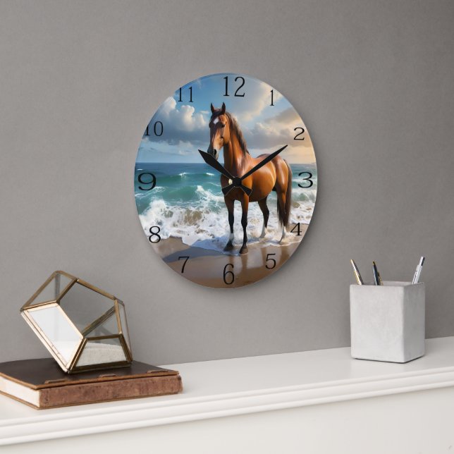 **"Majestic Stride: Proud Brown Horse on Beach Große Wanduhr (Büro)