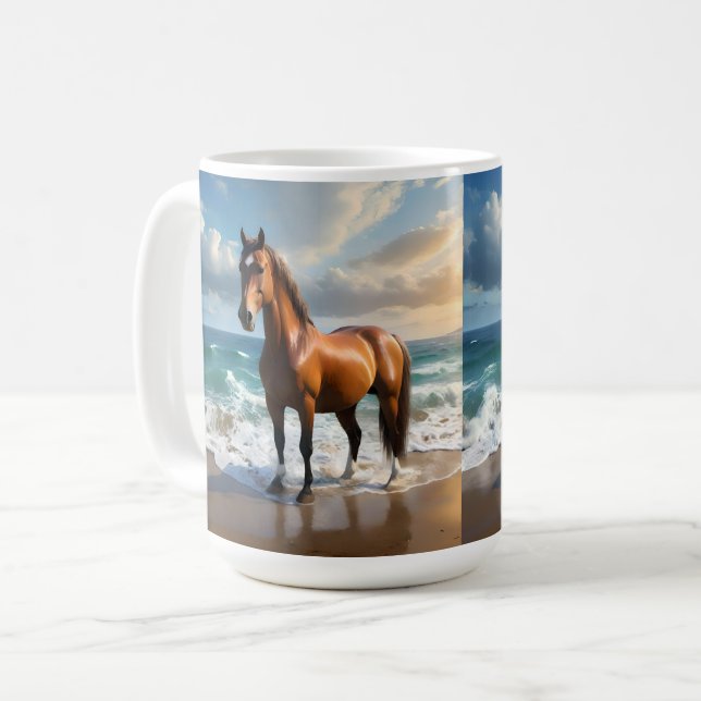 **"Majestic Stride: Proud Brown Horse on Beach Kaffeetasse (Vorderseite Links)