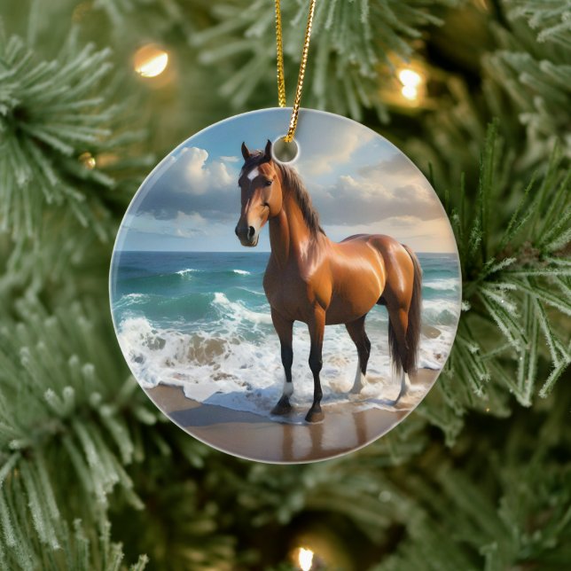 **"Majestic Stride: Proud Brown Horse on Beach Keramik Ornament (Baum)