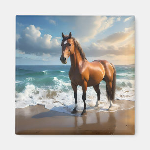 **"Majestic Stride: Proud Brown Horse on Beach Magnet