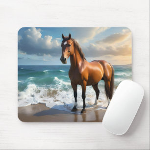 **"Majestic Stride: Proud Brown Horse on Beach Mousepad