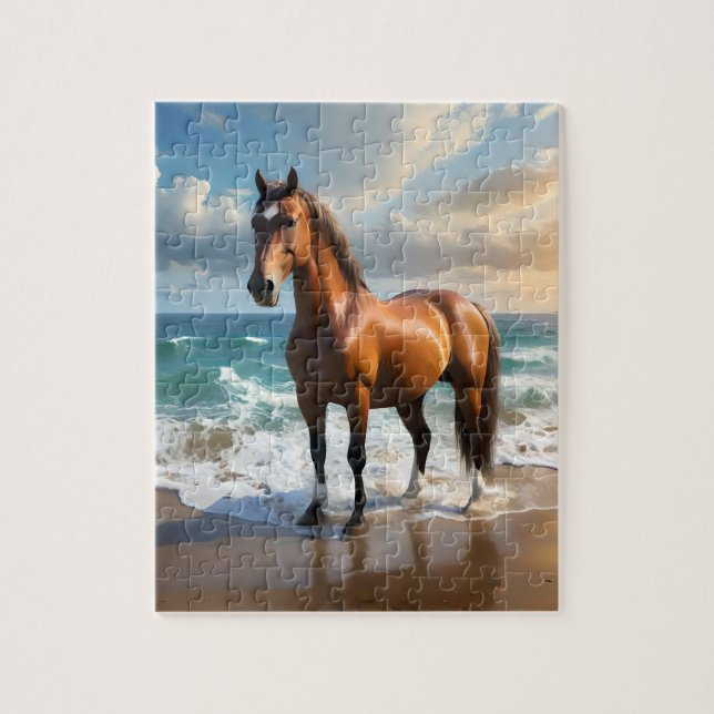 **"Majestic Stride: Proud Brown Horse on Beach Puzzle (Vertikal)