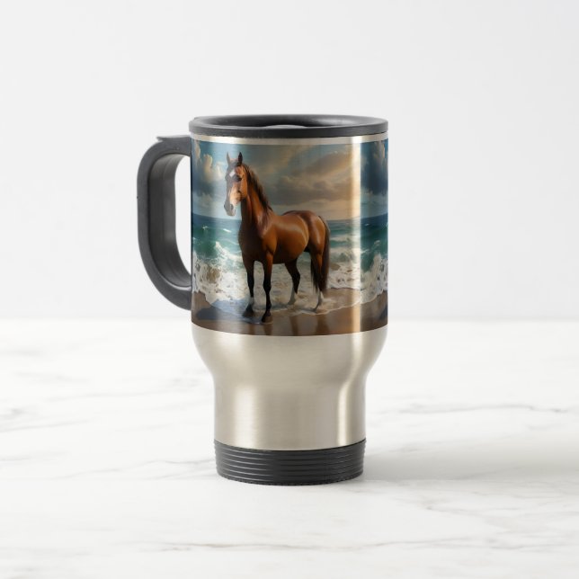 **"Majestic Stride: Proud Brown Horse on Beach Reisebecher (Vorderseite Links)